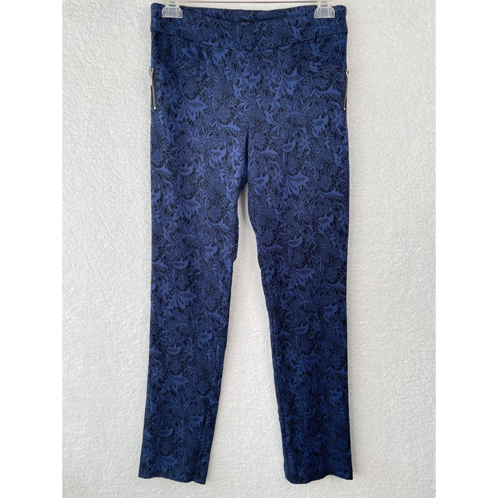 SOHO Apparel Womens Medium Blue Black Floral Lace Print Slim Pants Trousers
